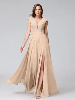 A-Line/Princess V-Neck Sleeveless Chiffon LongBridemaid Dresses With Applique Split Side — view 29