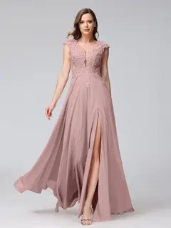 A-Line/Princess V-Neck Sleeveless Chiffon LongBridemaid Dresses With Applique Split Side — view 30