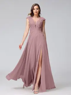A-Line/Princess V-Neck Sleeveless Chiffon LongBridemaid Dresses With Applique Split Side — view 31