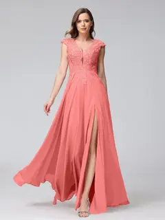 A-Line/Princess V-Neck Sleeveless Chiffon LongBridemaid Dresses With Applique Split Side — view 32