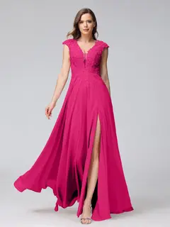 A-Line/Princess V-Neck Sleeveless Chiffon LongBridemaid Dresses With Applique Split Side — view 34