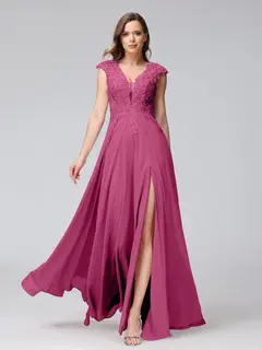 A-Line/Princess V-Neck Sleeveless Chiffon LongBridemaid Dresses With Applique Split Side — view 35