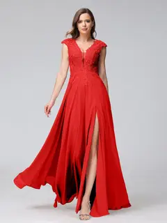 A-Line/Princess V-Neck Sleeveless Chiffon LongBridemaid Dresses With Applique Split Side — view 36