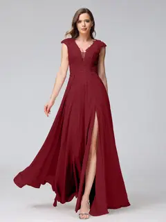 A-Line/Princess V-Neck Sleeveless Chiffon LongBridemaid Dresses With Applique Split Side — view 37