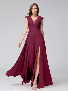 A-Line/Princess V-Neck Sleeveless Chiffon LongBridemaid Dresses With Applique Split Side — view 38