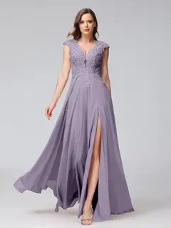 A-Line/Princess V-Neck Sleeveless Chiffon LongBridemaid Dresses With Applique Split Side — view 39