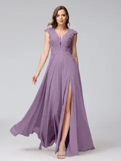 A-Line/Princess V-Neck Sleeveless Chiffon LongBridemaid Dresses With Applique Split Side — view 40