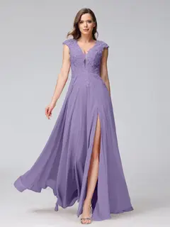 A-Line/Princess V-Neck Sleeveless Chiffon LongBridemaid Dresses With Applique Split Side — view 41