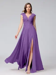 A-Line/Princess V-Neck Sleeveless Chiffon LongBridemaid Dresses With Applique Split Side — view 42