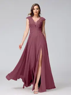 A-Line/Princess V-Neck Sleeveless Chiffon LongBridemaid Dresses With Applique Split Side — view 43