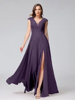 A-Line/Princess V-Neck Sleeveless Chiffon LongBridemaid Dresses With Applique Split Side — view 45