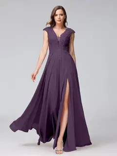 A-Line/Princess V-Neck Sleeveless Chiffon LongBridemaid Dresses With Applique Split Side — view 46