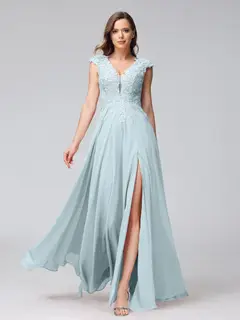 A-Line/Princess V-Neck Sleeveless Chiffon LongBridemaid Dresses With Applique Split Side — view 47