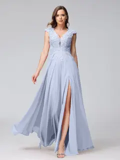 A-Line/Princess V-Neck Sleeveless Chiffon LongBridemaid Dresses With Applique Split Side — view 48