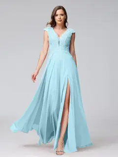A-Line/Princess V-Neck Sleeveless Chiffon LongBridemaid Dresses With Applique Split Side — view 49