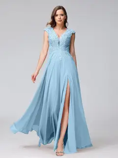 A-Line/Princess V-Neck Sleeveless Chiffon LongBridemaid Dresses With Applique Split Side — view 50
