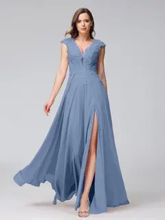 A-Line/Princess V-Neck Sleeveless Chiffon LongBridemaid Dresses With Applique Split Side — view 51