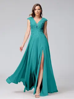 A-Line/Princess V-Neck Sleeveless Chiffon LongBridemaid Dresses With Applique Split Side — view 52