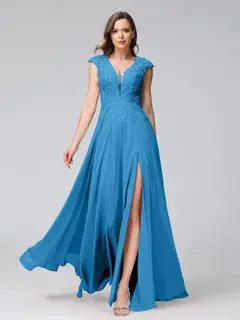 A-Line/Princess V-Neck Sleeveless Chiffon LongBridemaid Dresses With Applique Split Side — view 53