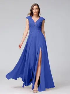 A-Line/Princess V-Neck Sleeveless Chiffon LongBridemaid Dresses With Applique Split Side — view 54