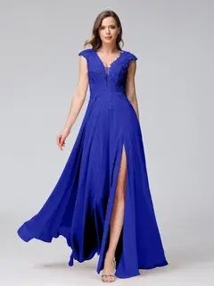 A-Line/Princess V-Neck Sleeveless Chiffon LongBridemaid Dresses With Applique Split Side — view 55