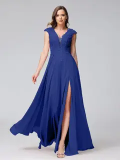 A-Line/Princess V-Neck Sleeveless Chiffon LongBridemaid Dresses With Applique Split Side — view 56