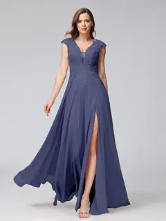 A-Line/Princess V-Neck Sleeveless Chiffon LongBridemaid Dresses With Applique Split Side — view 57