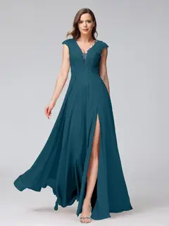A-Line/Princess V-Neck Sleeveless Chiffon LongBridemaid Dresses With Applique Split Side — view 58