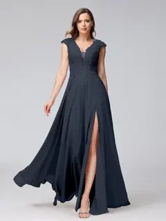 A-Line/Princess V-Neck Sleeveless Chiffon LongBridemaid Dresses With Applique Split Side — view 59