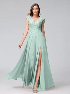 A-Line/Princess V-Neck Sleeveless Chiffon LongBridemaid Dresses With Applique Split Side — view 60