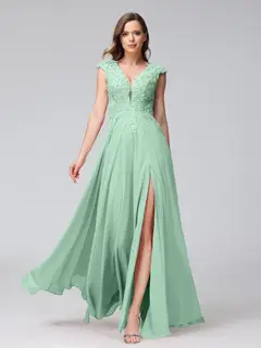 A-Line/Princess V-Neck Sleeveless Chiffon LongBridemaid Dresses With Applique Split Side — view 61