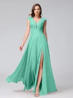 A-Line/Princess V-Neck Sleeveless Chiffon LongBridemaid Dresses With Applique Split Side — view 62