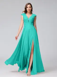 A-Line/Princess V-Neck Sleeveless Chiffon LongBridemaid Dresses With Applique Split Side — view 63