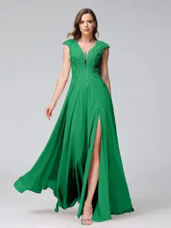 A-Line/Princess V-Neck Sleeveless Chiffon LongBridemaid Dresses With Applique Split Side — view 64