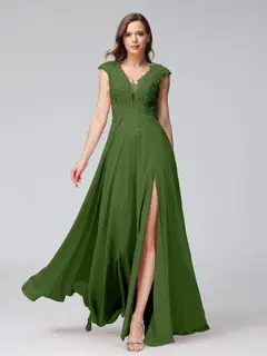 A-Line/Princess V-Neck Sleeveless Chiffon LongBridemaid Dresses With Applique Split Side — view 65