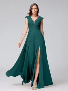 A-Line/Princess V-Neck Sleeveless Chiffon LongBridemaid Dresses With Applique Split Side — view 66