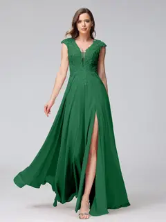 A-Line/Princess V-Neck Sleeveless Chiffon LongBridemaid Dresses With Applique Split Side — view 67