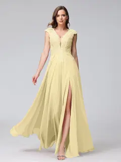 A-Line/Princess V-Neck Sleeveless Chiffon LongBridemaid Dresses With Applique Split Side — view 68