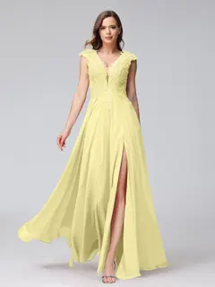 A-Line/Princess V-Neck Sleeveless Chiffon LongBridemaid Dresses With Applique Split Side — view 69