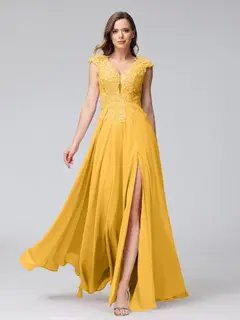 A-Line/Princess V-Neck Sleeveless Chiffon LongBridemaid Dresses With Applique Split Side — view 70