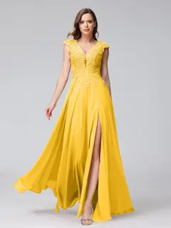 A-Line/Princess V-Neck Sleeveless Chiffon LongBridemaid Dresses With Applique Split Side — view 71