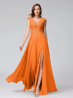 A-Line/Princess V-Neck Sleeveless Chiffon LongBridemaid Dresses With Applique Split Side — view 72