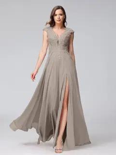 A-Line/Princess V-Neck Sleeveless Chiffon LongBridemaid Dresses With Applique Split Side — view 73