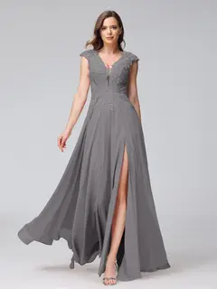 A-Line/Princess V-Neck Sleeveless Chiffon LongBridemaid Dresses With Applique Split Side — view 74