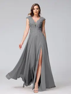 A-Line/Princess V-Neck Sleeveless Chiffon LongBridemaid Dresses With Applique Split Side — view 75