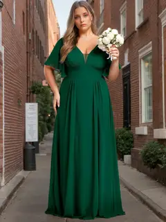 A-Line/Princess Double V-Neck Short Sleeves Floor-Length Plus Size Bridesmaid Dresses with Ruffles — view 1