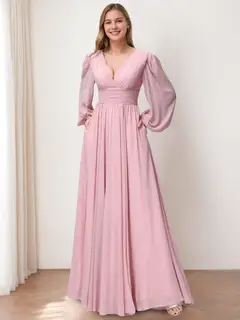A-Line/Princess V-Neck Long Sleeves Floor-Length Bridemaid Dresses With Split Side & Pockets — view 1
