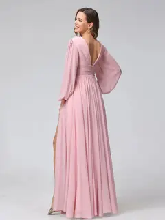 A-Line/Princess V-Neck Long Sleeves Floor-Length Bridemaid Dresses With Split Side & Pockets — view 2
