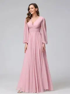 A-Line/Princess V-Neck Long Sleeves Floor-Length Bridemaid Dresses With Split Side & Pockets — view 3