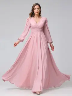 A-Line/Princess V-Neck Long Sleeves Floor-Length Bridemaid Dresses With Split Side & Pockets — view 4